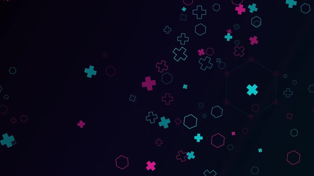 Dark background with floating neon pink and cyan medical crosses and hexagons. This seamless futuristic biotech motion graphic loop is perfect for science video designs.