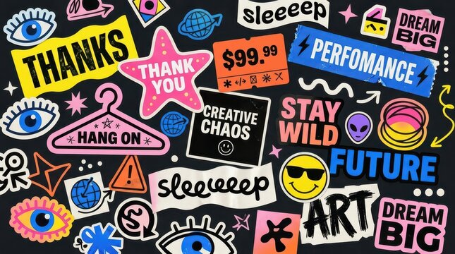Vibrant Retro Sticker Collage Background with Creative Chaos and Pop Art Elements for Modern Graphic Design