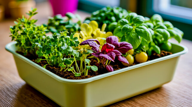 A tray filled with herbs and vegetables on a wooden table