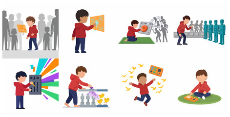 Fototapeta premium Collection of flat illustrations depicting a boy interacting with digital interfaces, focusing on sensory processing, creativity, and neurodiversity concepts