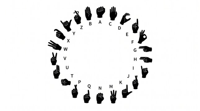 American Sign Language Alphabet Chart, ASL Fingerspelling Wheel, Hand Shape Guide, Silent Communication Visual, Black Silhouette Vectors, Education Reference Layout