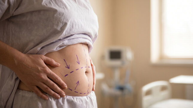 Patient's Midsection Marked with Arrows and Lines for Body Contouring Surgery