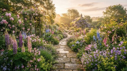 Obraz premium A picturesque garden path winds through a vibrant, overflowing flowerbed.