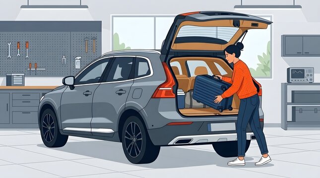 Woman loading blue luggage suitcase into open trunk of grey SUV car inside garage for road trip