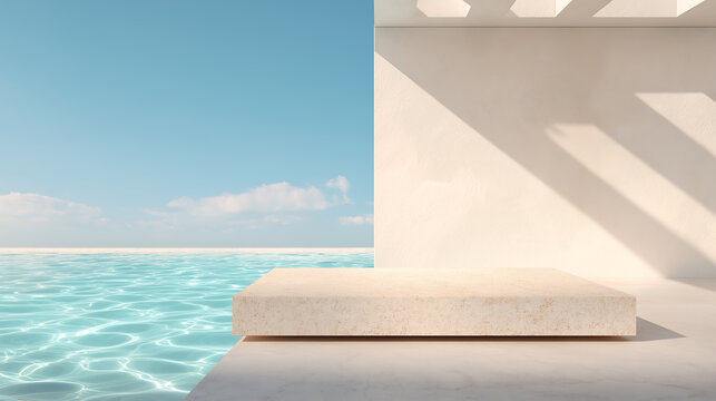 Minimalist Stone Podium by Infinity Pool with Ocean View