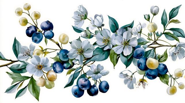 A bunch of blueberries and white flowers on a branch