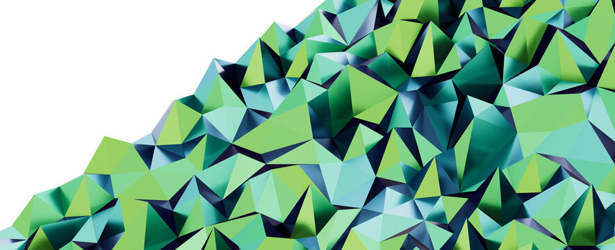 Digital art of an abstract landscape with geometric polygon shapes in green and blue tones.