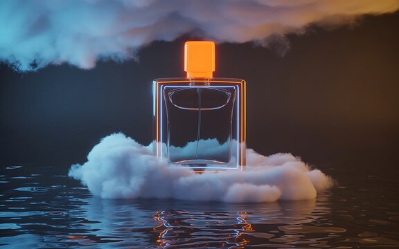 Futuristic perfume bottle illuminated with neon lights and floating amongst soft clouds above reflective water surface