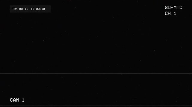 
TV error with static noise and bad signal distortion background.  VHS overlay featuring analog artifacts, timecode display, and camera specifications box on black background. 4k video
