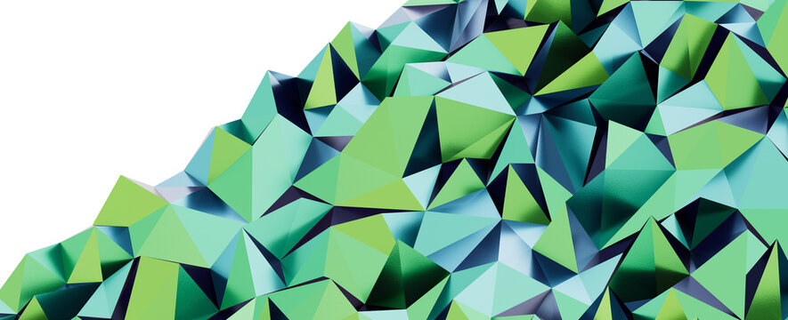Abstract geometric low poly mountain range with green and blue hues