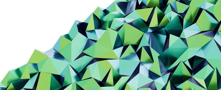 Vibrant abstract geometric landscape with shimmering green and blue triangular planes creating a mod
