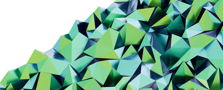 An abstract geometric mountain range with sharp edges and vibrant green and blue color palette.