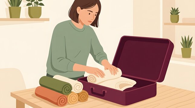 Woman packing rolled clothes neatly into open suitcase on wooden table for travel preparation