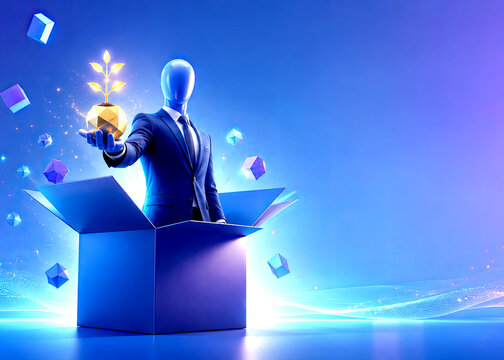 Conceptual illustration of a faceless businessman holding a glowing tree. Conceptual representation of business growth and development. Copy space for text.