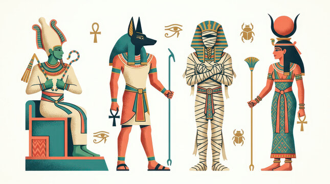 Ancient Egyptian Gods and Deities Vector Illustration Set Featuring Anubis Osiris Isis and a Mummy