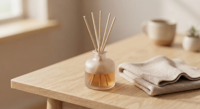 3D rendered clay style miniature scene of a reed diffuser with wood sticks on a wooden table.