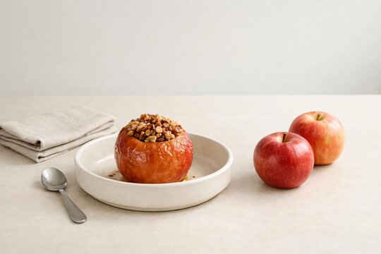 Baked apple dessert with walnuts and fresh apples on white table