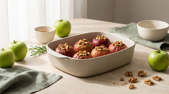 Baked apples with caramel and walnuts in a rustic bowl