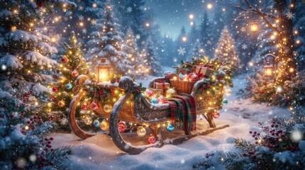 Fototapeta premium A festive sleigh is pulled through a snowy winter forest.
