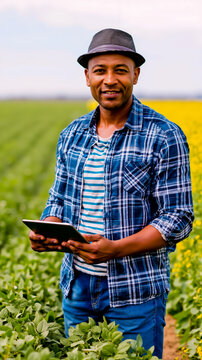 A man standing in a field holding a tablet computer
