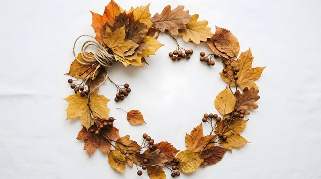 Autumn wreath made of colorful fallen leaves on a clean white background seasonal decor
