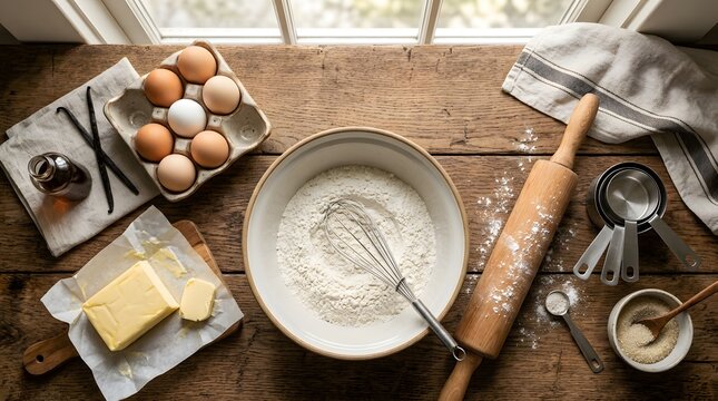 Rustic baking scene with flour eggs butter and rolling pin on a wooden table