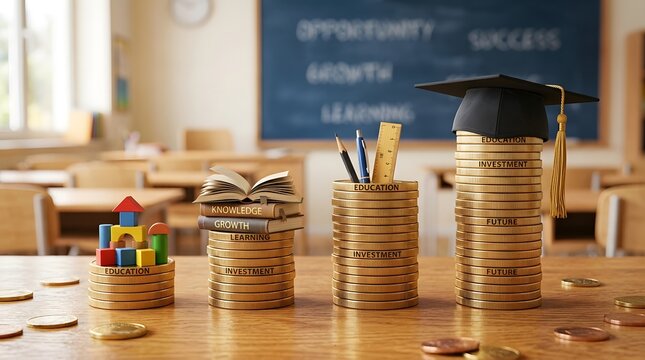 Stacks of coins with graduation cap symbolizing financial success and future educational investment concepts