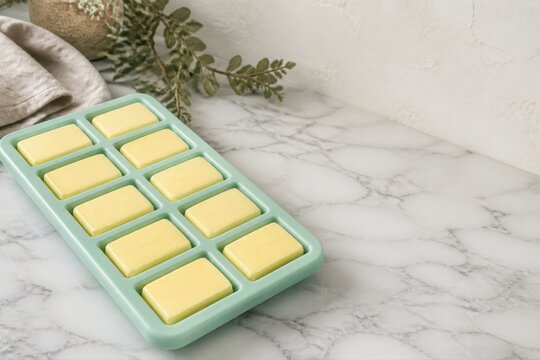 Silicone butter mold with neat yellow blocks on marble countertop
