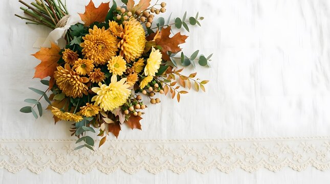 Beautiful autumn floral arrangement with yellow and orange blooms against a soft white background