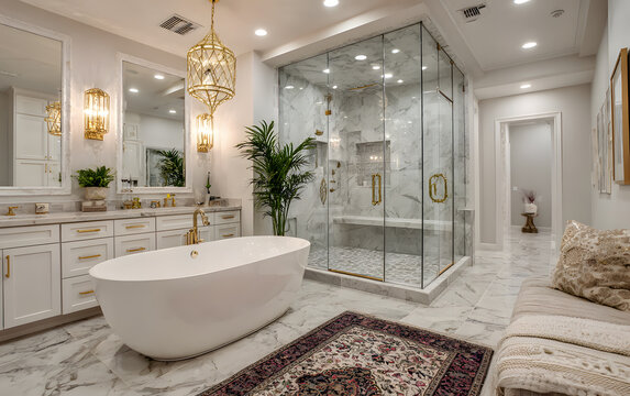 Modern luxury bathroom with white bathtub and glass walk in shower