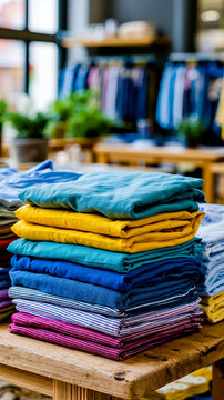 A stack of colorful shirts sitting on top of a wooden table
