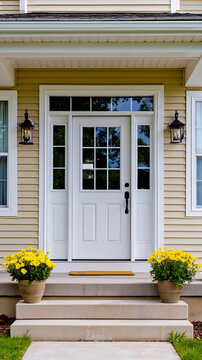 A white front door on a yellow house with two planters of yellow flowers