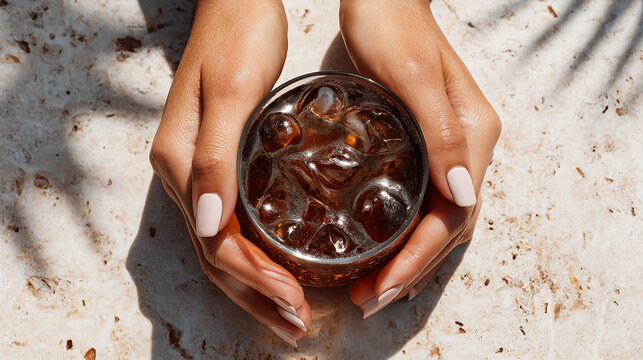 Hands Holding Iced Coffee Glass with Leaf Shadow on Sand