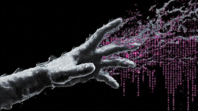 Hand reaching digital binary code