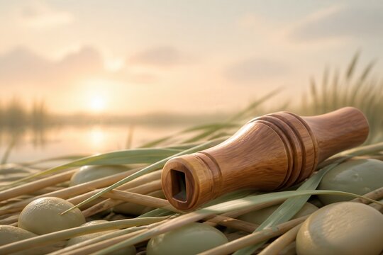 Wooden Recorder on Reeds at Sunset with Calm Water Copy Space