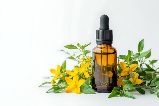 Amber glass dropper bottle with st johns wort flowers isolated on white background