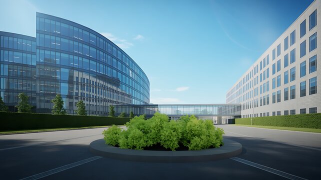 Contemporary glass building courtyard with green trees and walkway under blue sky, architecture