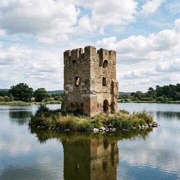 Ancient stone castle reflected in calm lake water.