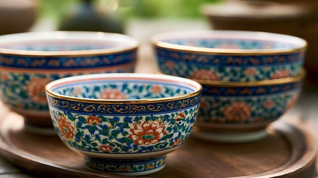 Three ornate ceramic bowls with floral patterns rest on a wooden tray in soft natural light
