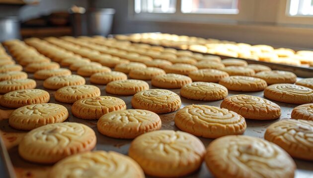 Rows of freshly baked golden cookies on trays near a sunlit window in a cozy bakery setting