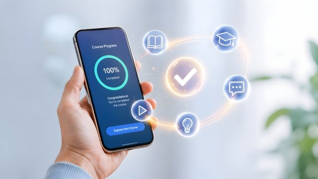 Person holding a smartphone showing successful course completion with a glowing checkmark and floating digital education icons.
