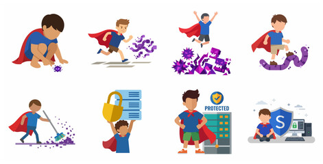 Fototapeta premium Cybersecurity Superhero Boy Illustration Set Fighting Malware and Protecting Data