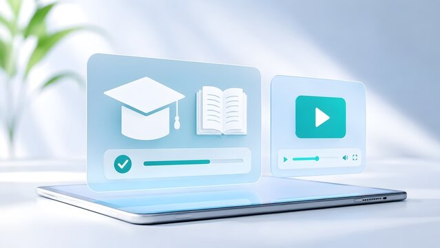 3D digital education interface floating above a tablet with e-learning icons, graduation cap, and video course player. Modern online learning concept.