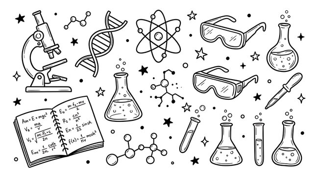 Hand Drawn Science Laboratory Doodle Set with Chemistry and Biology Research Equipment