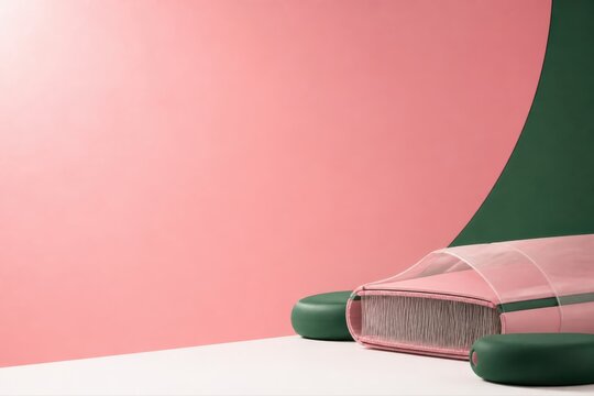 Beauty product mockup with cosmetic brush in pastel 3D render composition
