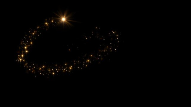 golden sparkle flare particle glitters light trail alpha channel loop 4k animation, shiny glowing gold stars on transparent background new year and christmas overlay motion design element