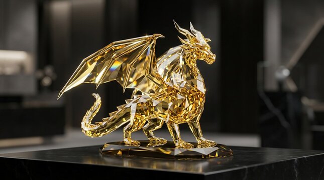 Golden crystal dragon sculpture detailed mythical creature art
