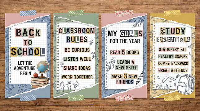 Set of four vertical back to school posters with educational goals and classroom rules