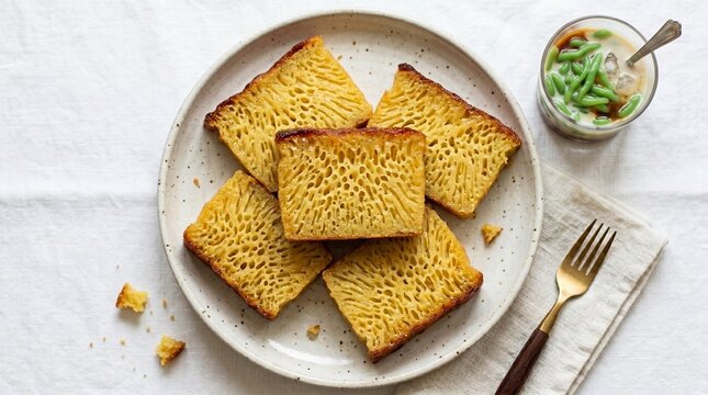 Top view of sliced bika ambon honeycomb cake served on a ceramic plate with iced es cendol dessert on a white background.