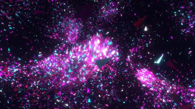 Sharp magenta and cyan geometric shards burst chaotic energy across a dark void representing psychosis and sensory explosion in 3D